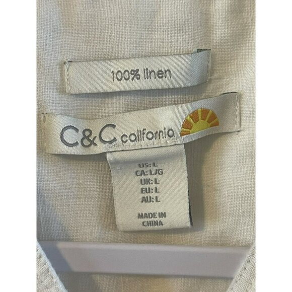 C&C California Dress Womens L White Striped 100% Linen Button Sleeveless beach - Picture 3 of 4